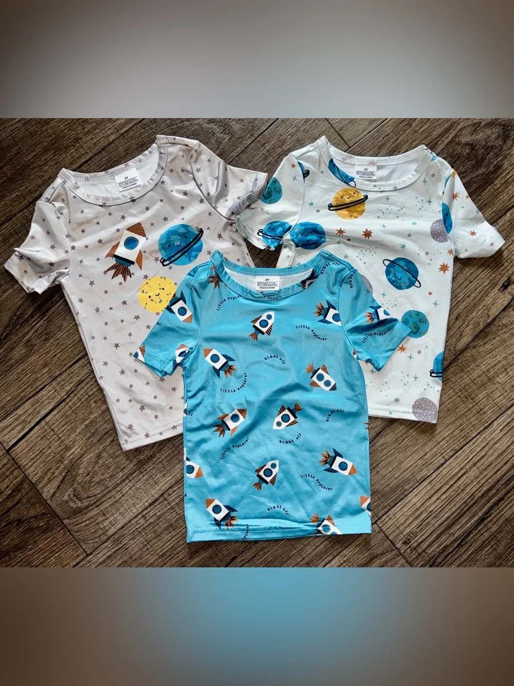 SHEIN Kids Space Rocket Pajama Tops - Blue, White, Gray
